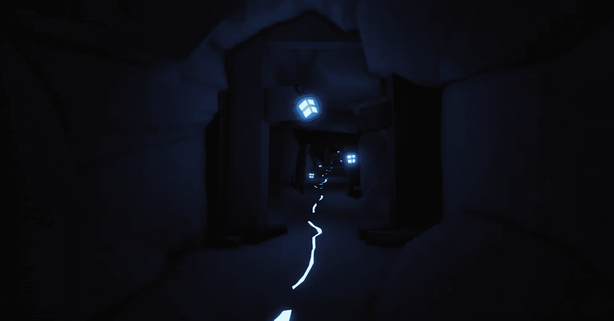 Encaved mine tunnel with blue lanterns and glowing trail.